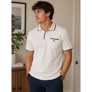 Lacoste Mens Pique Polo Shirt Cream Navy Tipping Chest Pocket Size 7 XL